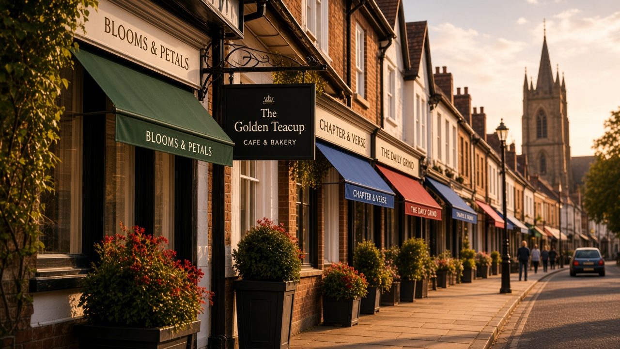 British high street with independent shops featuring Only regional publication signs